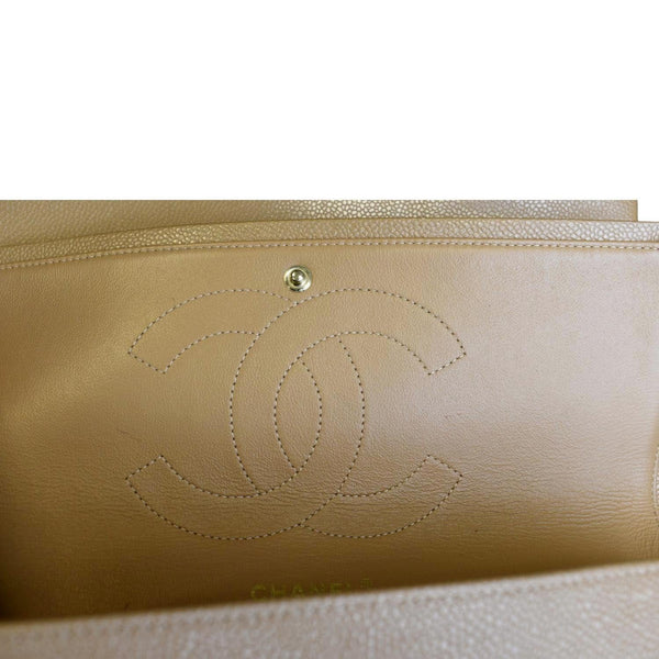 CHANEL Classic Jumbo Double Flap Quilted Caviar Leather Shoulder Bag Beige