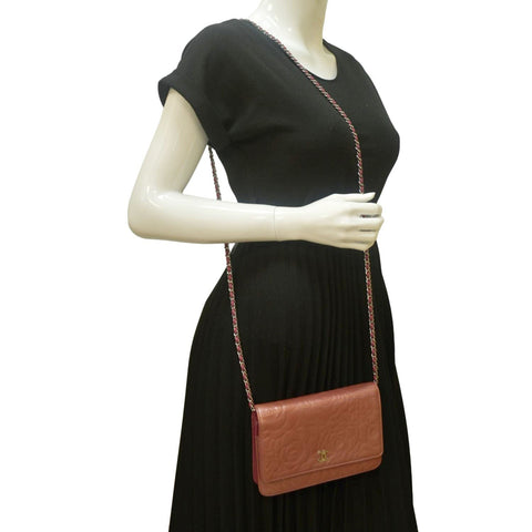CHANEL Camellia Wallet On Chain Leather Crossbody Bag Pink
