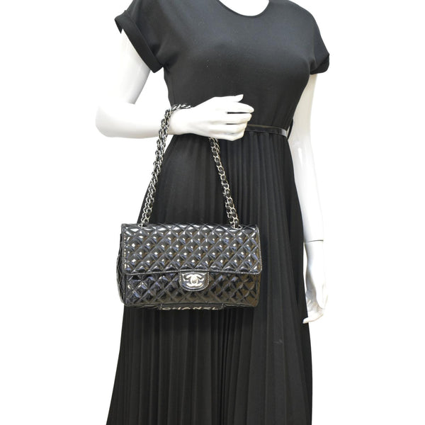 CHANEL Secret Label Flap Patent Leather Shoulder Bag Black