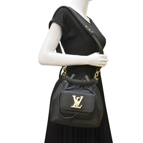 LOUIS VUITTON Lockme Leather Crossbody Bucket Bag Black