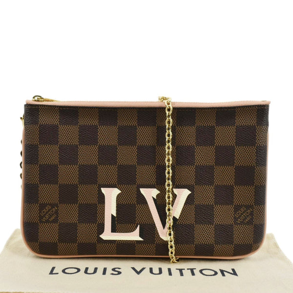 LOUIS VUITTON Double Zip Pochette Damier Ebene Crossbody Bag Rose Ballerine