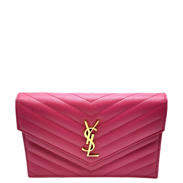YVES SAINT LAURENT Cassandre Grain De Poudre Embossed Chain Envelope Bag Fuchsia