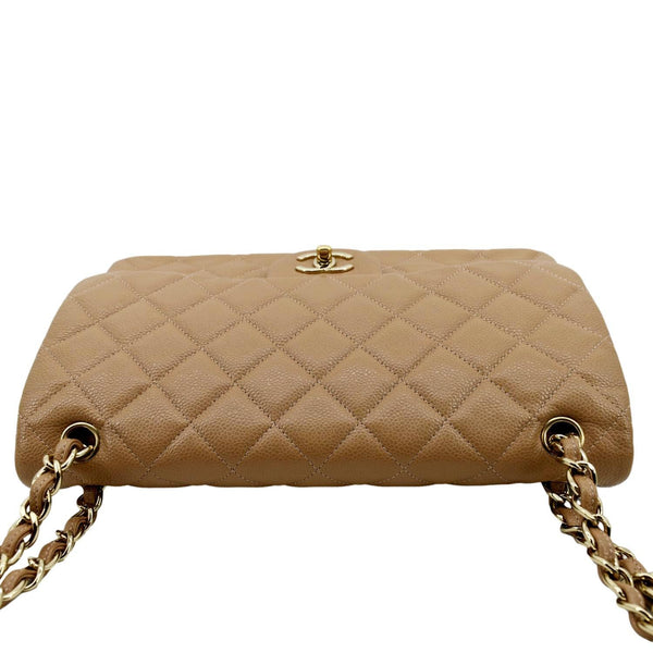 CHANEL Classic Jumbo Double Flap Quilted Caviar Leather Shoulder Bag Beige