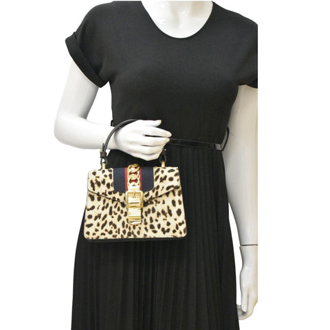 GUCCI Leopard Print Sylvie Mini Calf Hair Top Handle Shoulder Bag Beige 470270