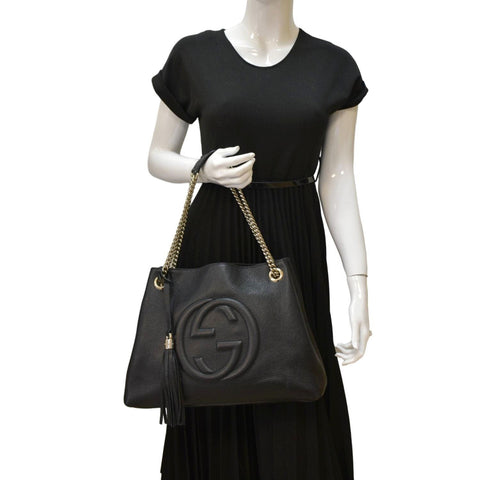 GUCCI Medium Soho Chain Pebbled Leather Tote Bag Black 536196