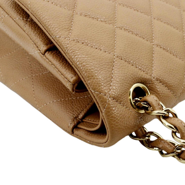 CHANEL Classic Jumbo Double Flap Quilted Caviar Leather Shoulder Bag Beige