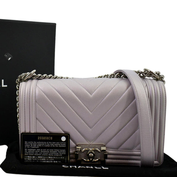 CHANEL Medium Boy Flap Metallic Chevron Shoulder Bag Light Purple
