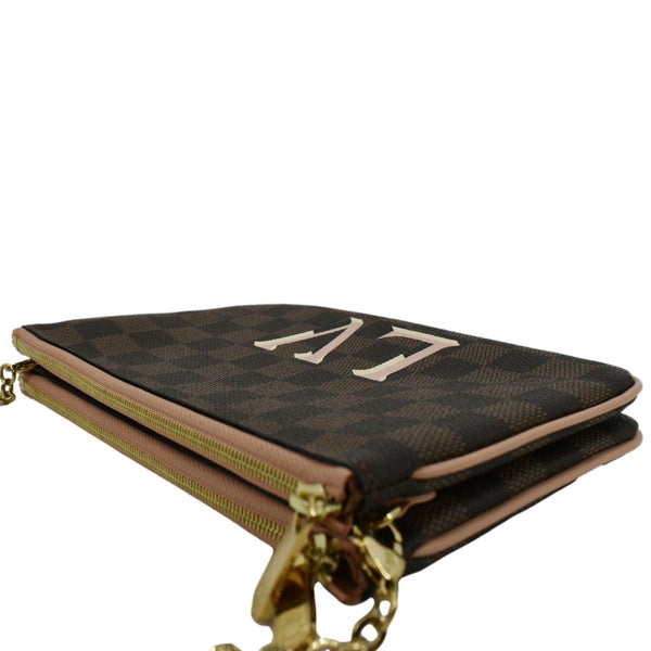 LOUIS VUITTON Double Zip Pochette Damier Ebene Crossbody Bag Rose Ballerine