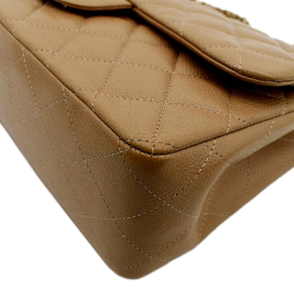 CHANEL Classic Jumbo Double Flap Quilted Caviar Leather Shoulder Bag Beige