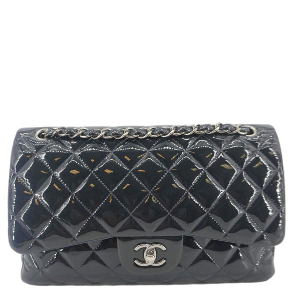 CHANEL Classic Double Flap Quilted Patent Leather Shoulder Bag Navy Blue