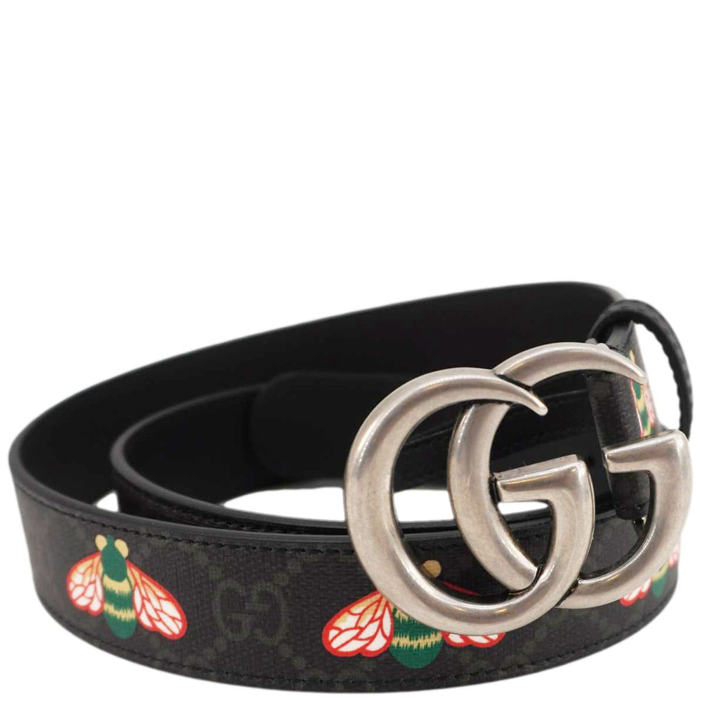 GUCCI Double G Buckle Marmont Bee Print Leather Belt Black