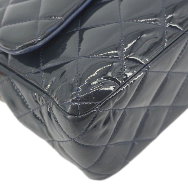 CHANEL Classic Double Flap Quilted Patent Leather Shoulder Bag Navy Blue