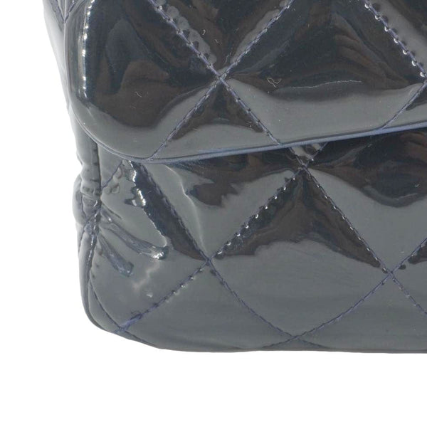 CHANEL Classic Double Flap Quilted Patent Leather Shoulder Bag Navy Blue