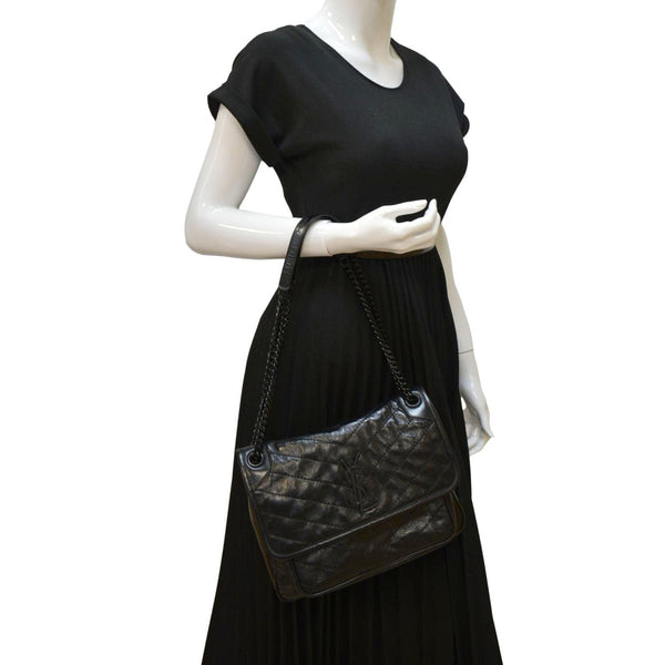 YVES SAINT LAURENT Niki Baby Crinkle Leather Shoulder Bag Black