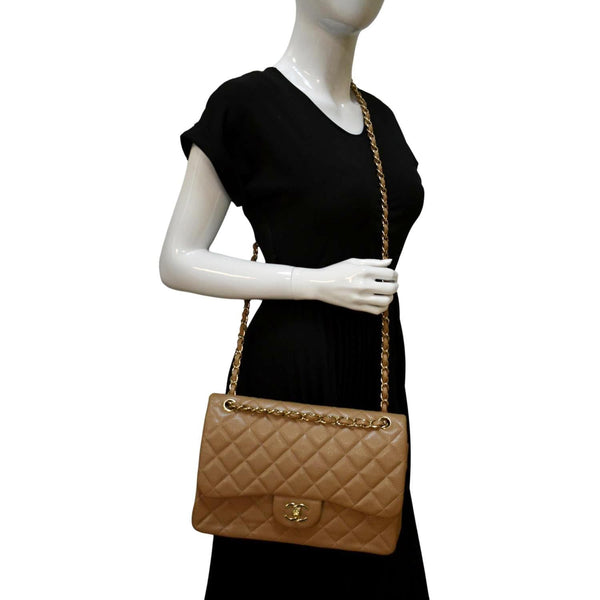 CHANEL Classic Jumbo Double Flap Quilted Caviar Leather Shoulder Bag Beige