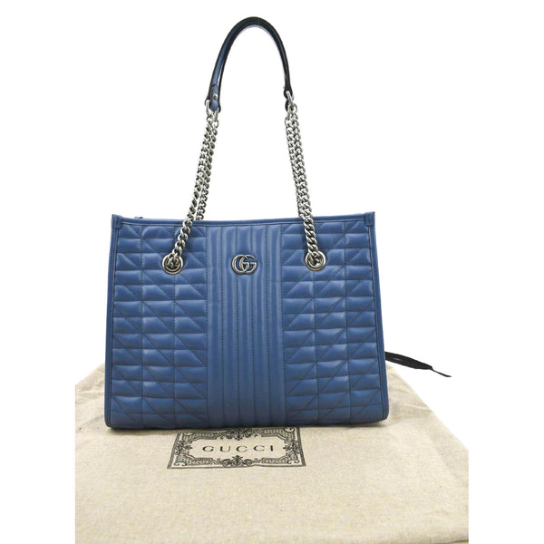 GUCCI GG Marmont Medium Metelasse Leather Tote Shoulder Bag Blue 675796