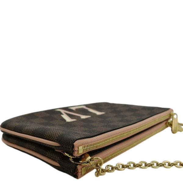 LOUIS VUITTON Double Zip Pochette Damier Ebene Crossbody Bag Rose Ballerine