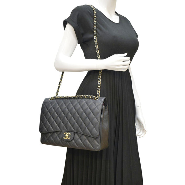 CHANEL Classic Maxi Flap Quilted Caviar Leather Shoulder Bag Black