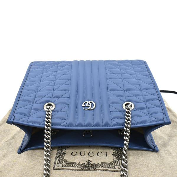 GUCCI GG Marmont Medium Metelasse Leather Tote Shoulder Bag Blue 675796