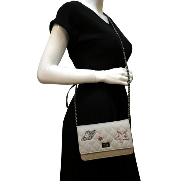 CHANEL Classic 2.55 Reissue Space Charm Quilted Canvas WOC Crossbody Bag Silver