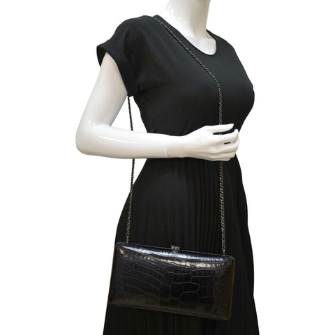 CHANEL Chain Alligator Leather Clutch Bag Black