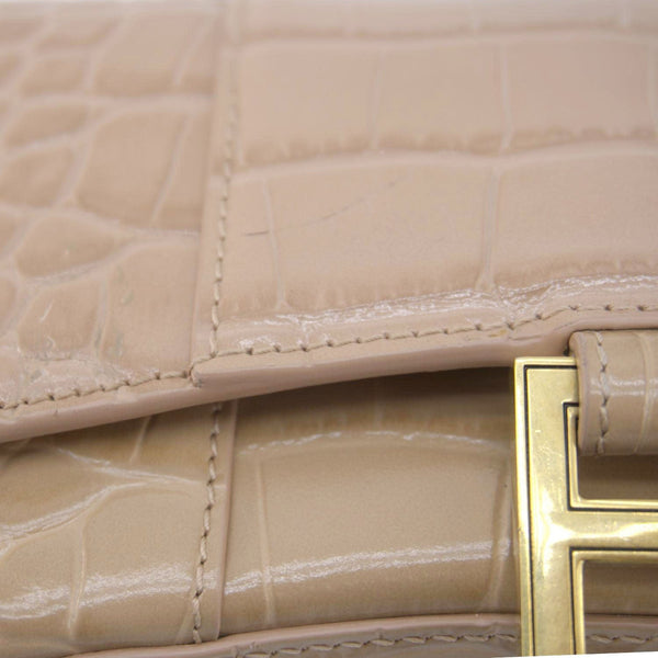 BALENCIAGA Hourglass Crocodile Embossed Leather Chain Shoulder Bag Light Brown
