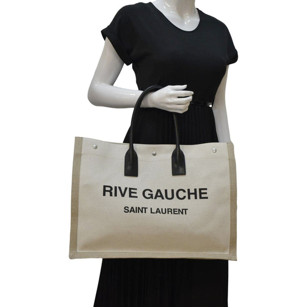 YVES SAINT LAURENT Rive Gauche Small Linen Leather Tote Griege