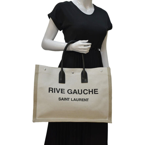 YVES SAINT LAURENT Rive Gauche Small Linen Leather Tote Griege
