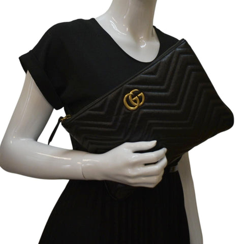 GUCCI GG Marmont Matelasse Chevron Leather Pouch Black 525541