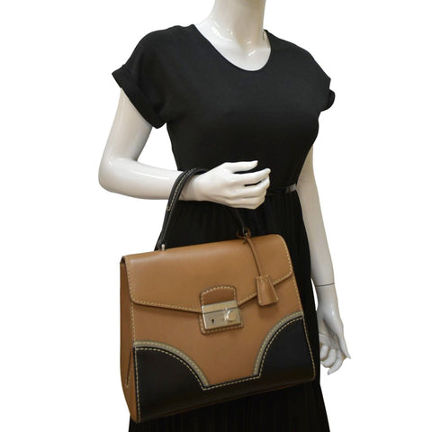 PRADA Vitello Sound Lock Leather Shoulder Bag Tan
