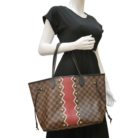 LOUIS VUITTON Neverfull Karakoram MM Damier Ebene Tote Shoulder Bag Red