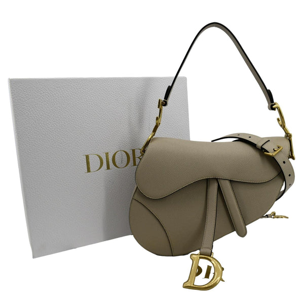 CHRISTIAN DIOR Saddle Grained Calfskin Leather Shoulder Bag Beige