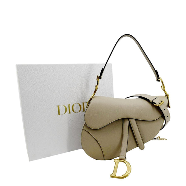 CHRISTIAN DIOR Saddle Grained Calfskin Leather Shoulder Bag Beige