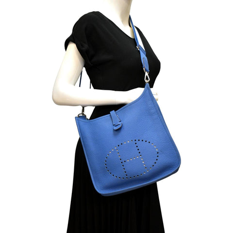 HERMES Evelyne GM Taurillon Clemence Crossbody Bag Blue
