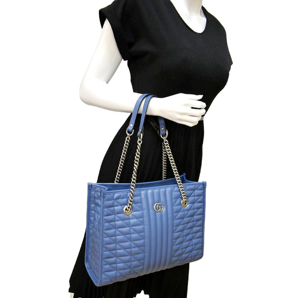 GUCCI GG Marmont Medium Metelasse Leather Tote Shoulder Bag Blue 675796