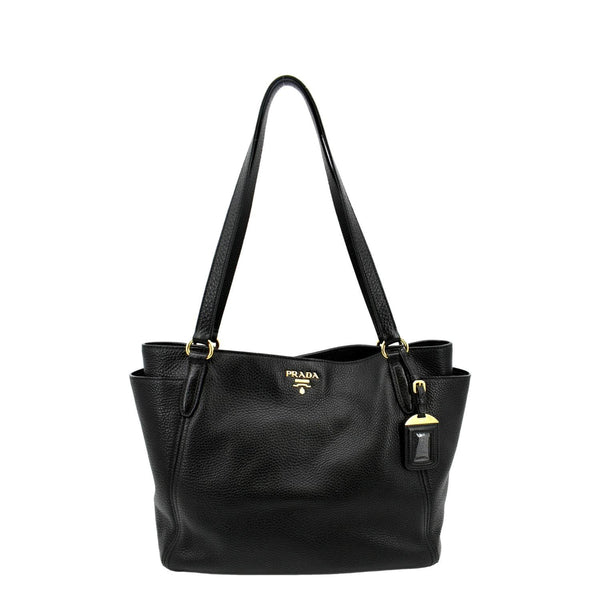 PRADA Vitello Daino Side-Pocket Leather Tote Shoulder Bag Black