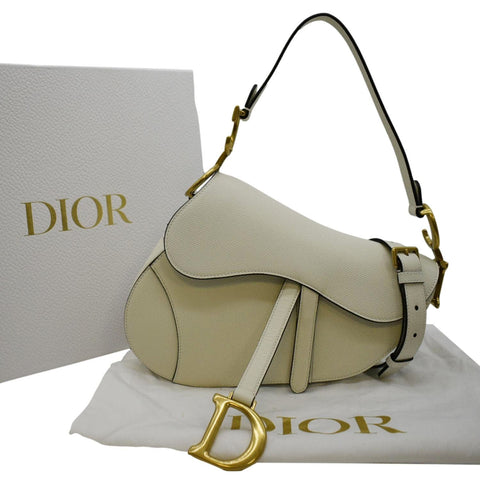 CHRISTIAN DIOR Saddle Grained Calfskin Leather Satchel Shoulder Bag Ivory