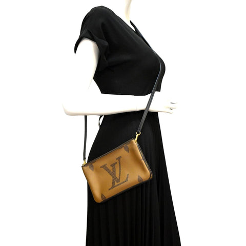 LOUIS VUITTON Double Zip Pochette Reverse Monogram Giant Crossbody Bag Brown