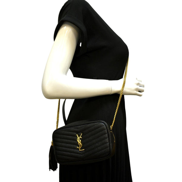 YVES SAINT LAURENT Lou Chevron Leather Camera Crossbody Bag Black