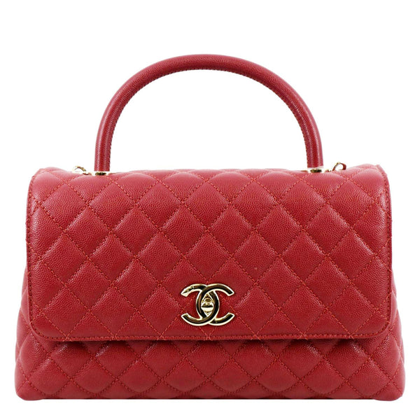 CHANEL Medium Coco Quilted Caviar Leather Top Handle Shoulder Bag Red