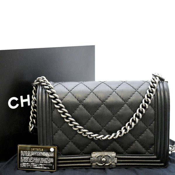 CHANEL Wild Stitch Boy Quilted Lambskin Leather Shoulder Bag Black