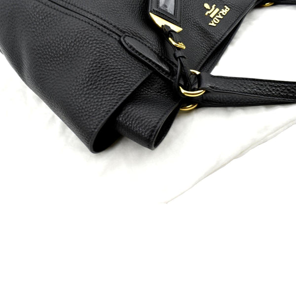 PRADA Vitello Daino Side-Pocket Leather Tote Shoulder Bag Black