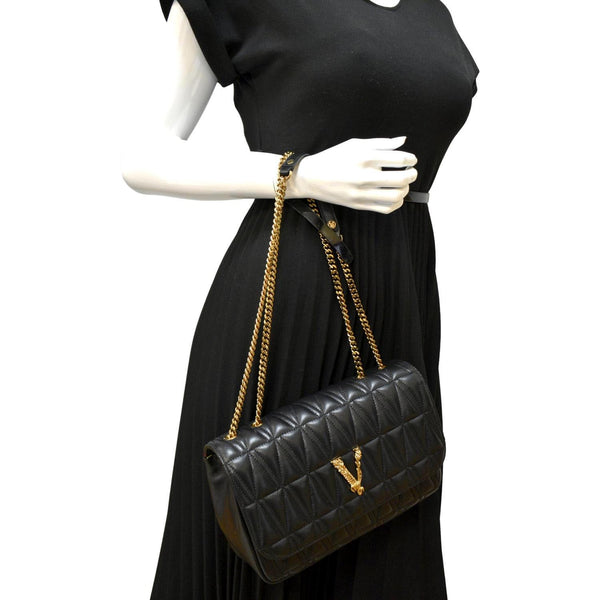 VERSACE Virtus Flap Lambskin Leather Crossbody Bag Black