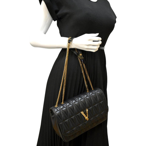 VERSACE Virtus Flap Lambskin Leather Crossbody Bag Black
