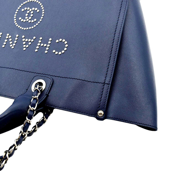 CHANEL Deauville Studded Caviar Tote Shoulder Bag Blue