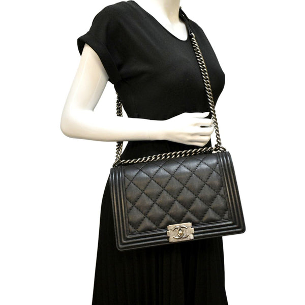 CHANEL Wild Stitch Boy Quilted Lambskin Leather Shoulder Bag Black