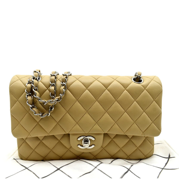CHANEL Classic Medium Double Flap Quilted Leather Shoulder Bag Beige