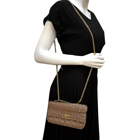 VALENTINO Rockstud Spike Quilted Leather Top Handle Crossbody Bag Poudre