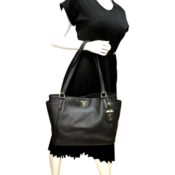 PRADA Vitello Daino Side-Pocket Leather Tote Shoulder Bag Black