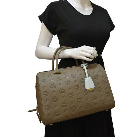 MCM Visetos Essential Leather Boston Bag Taupe